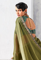 Monjolika Fashion Olive Green Fancy Fabric Embroidered Contemporary Saree - Distacart