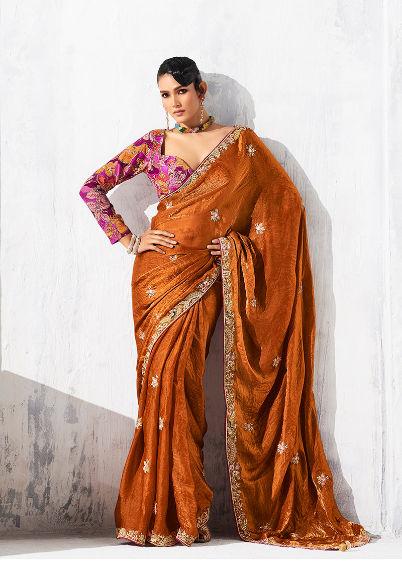 Monjolika Fashion Rust Fancy Fabric Embroidered Contemporary Saree - Distacart