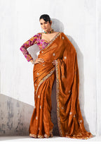 Monjolika Fashion Rust Fancy Fabric Embroidered Contemporary Saree - Distacart