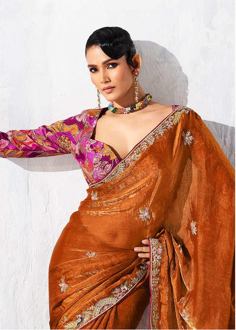 Monjolika Fashion Rust Fancy Fabric Embroidered Contemporary Saree - Distacart