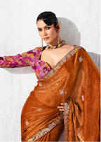 Monjolika Fashion Rust Fancy Fabric Embroidered Contemporary Saree - Distacart