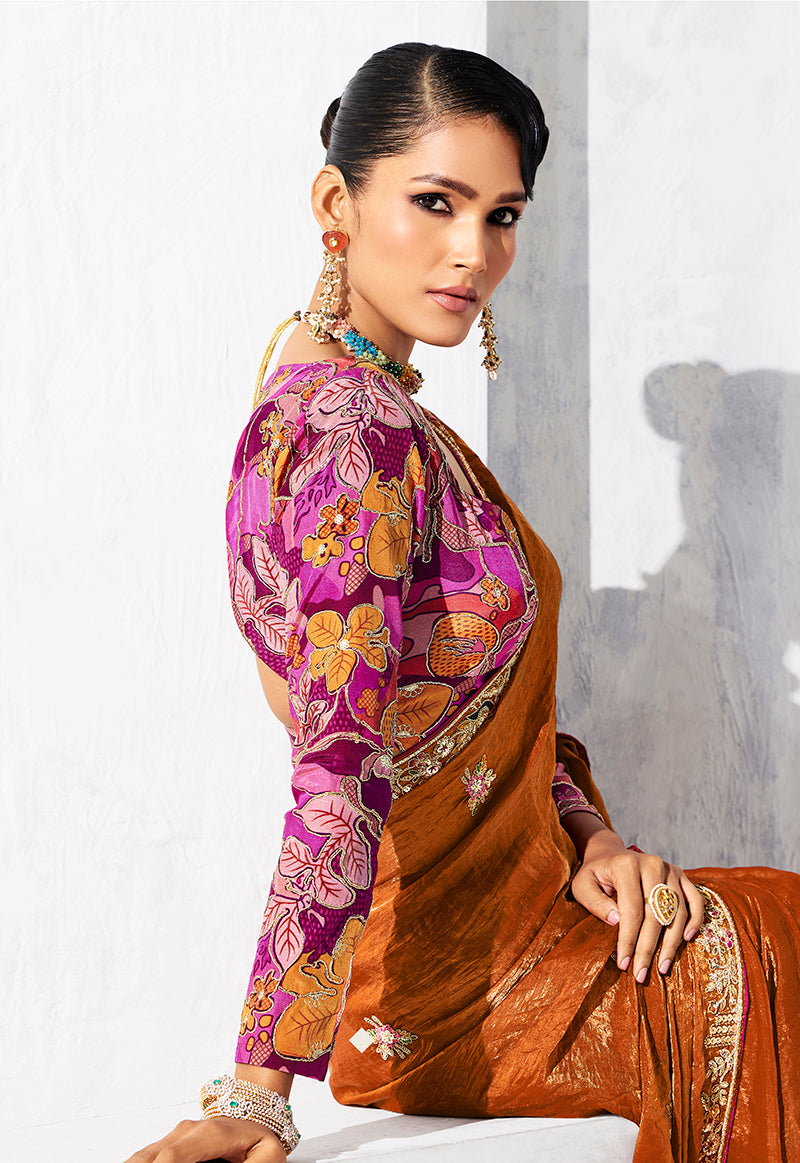 Monjolika Fashion Rust Fancy Fabric Embroidered Contemporary Saree - Distacart
