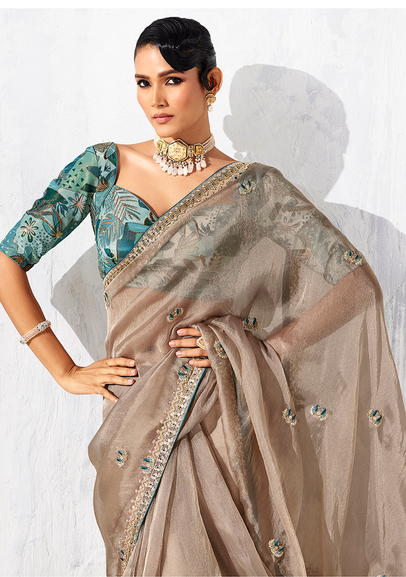 Monjolika Fashion Beige Fancy Fabric Embroidered Contemporary Saree - Distacart
