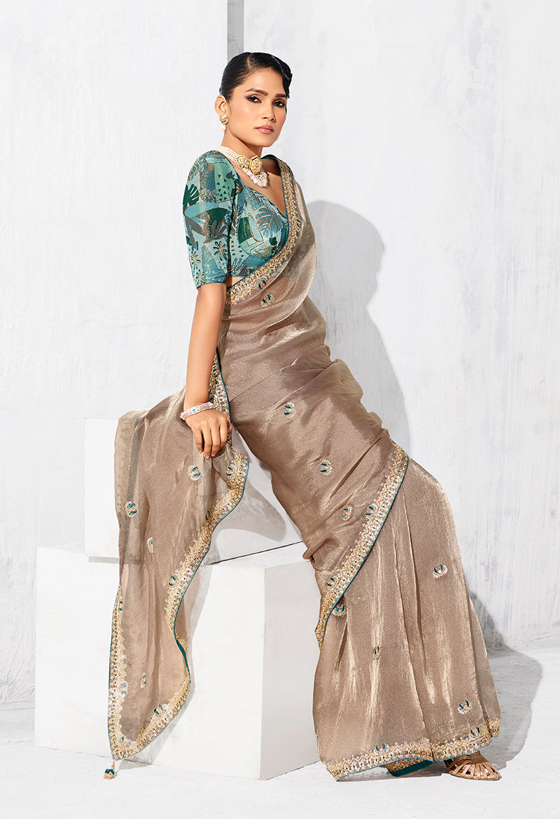 Monjolika Fashion Beige Fancy Fabric Embroidered Contemporary Saree - Distacart