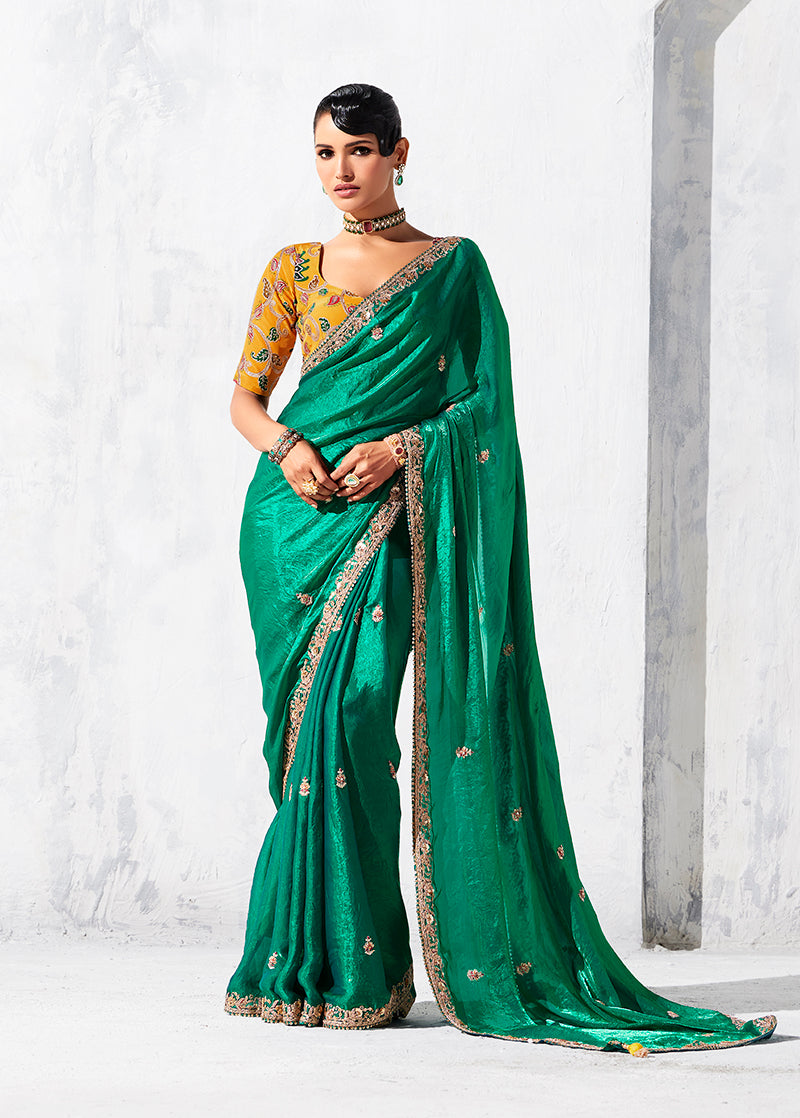 Monjolika Fashion Teal Fancy Fabric Embroidered Contemporary Saree - Distacart