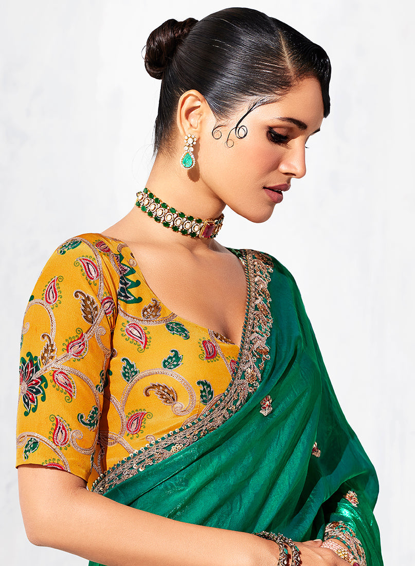 Monjolika Fashion Teal Fancy Fabric Embroidered Contemporary Saree - Distacart