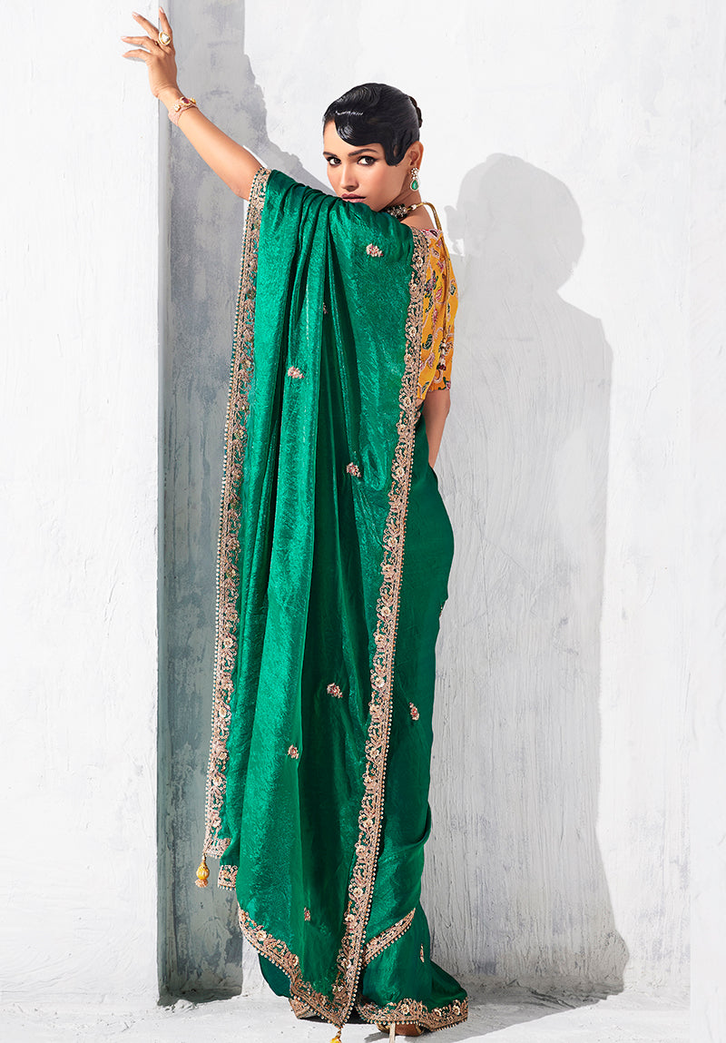 Monjolika Fashion Teal Fancy Fabric Embroidered Contemporary Saree - Distacart
