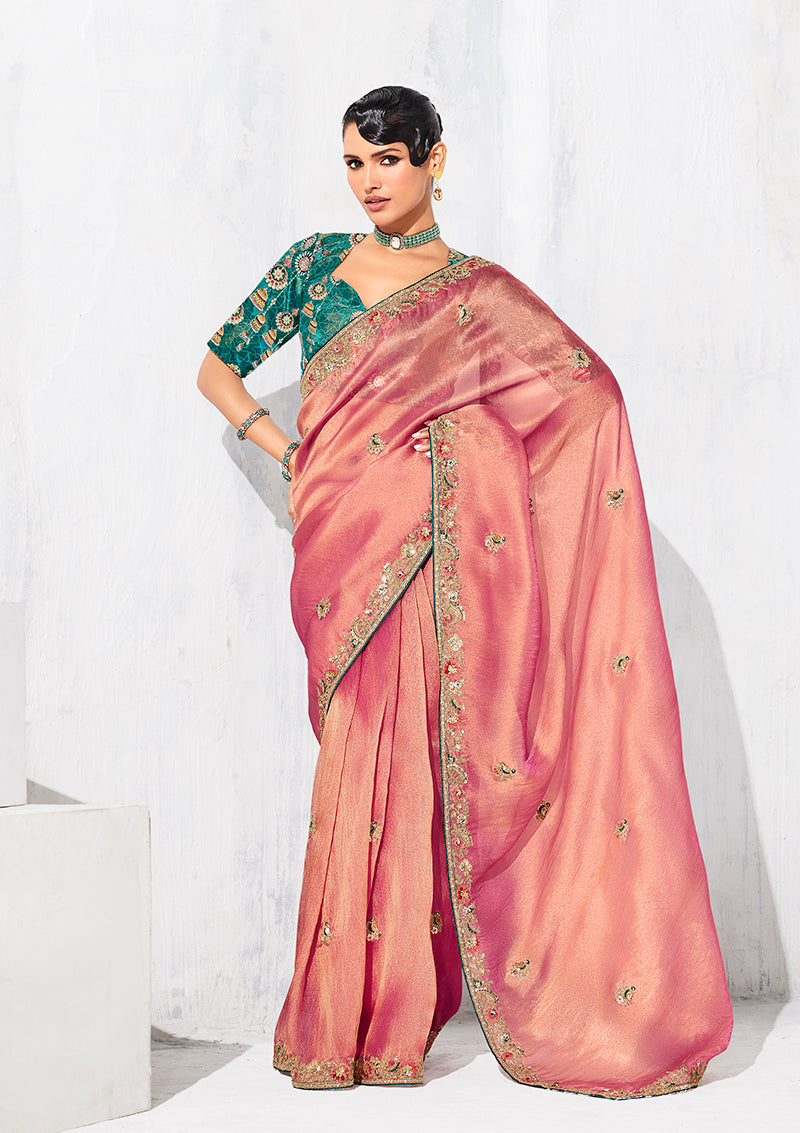 Monjolika Fashion Pink Fancy Fabric Embroidered Contemporary Saree - Distacart