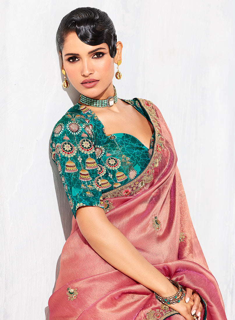 Monjolika Fashion Pink Fancy Fabric Embroidered Contemporary Saree - Distacart