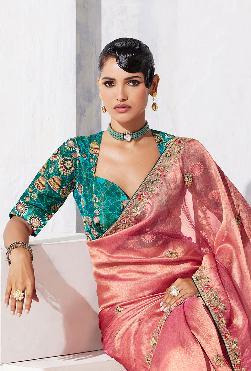 Monjolika Fashion Pink Fancy Fabric Embroidered Contemporary Saree - Distacart