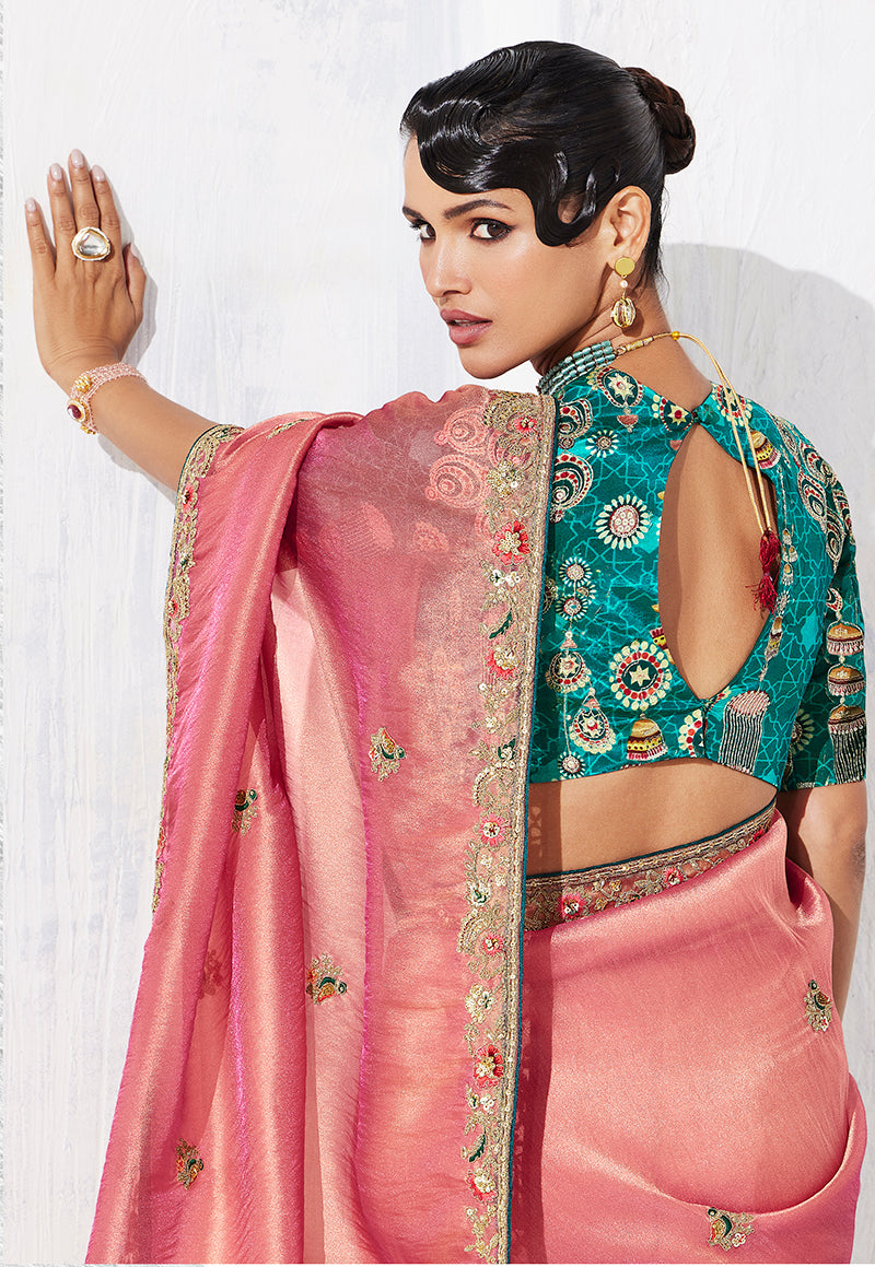 Monjolika Fashion Pink Fancy Fabric Embroidered Contemporary Saree - Distacart