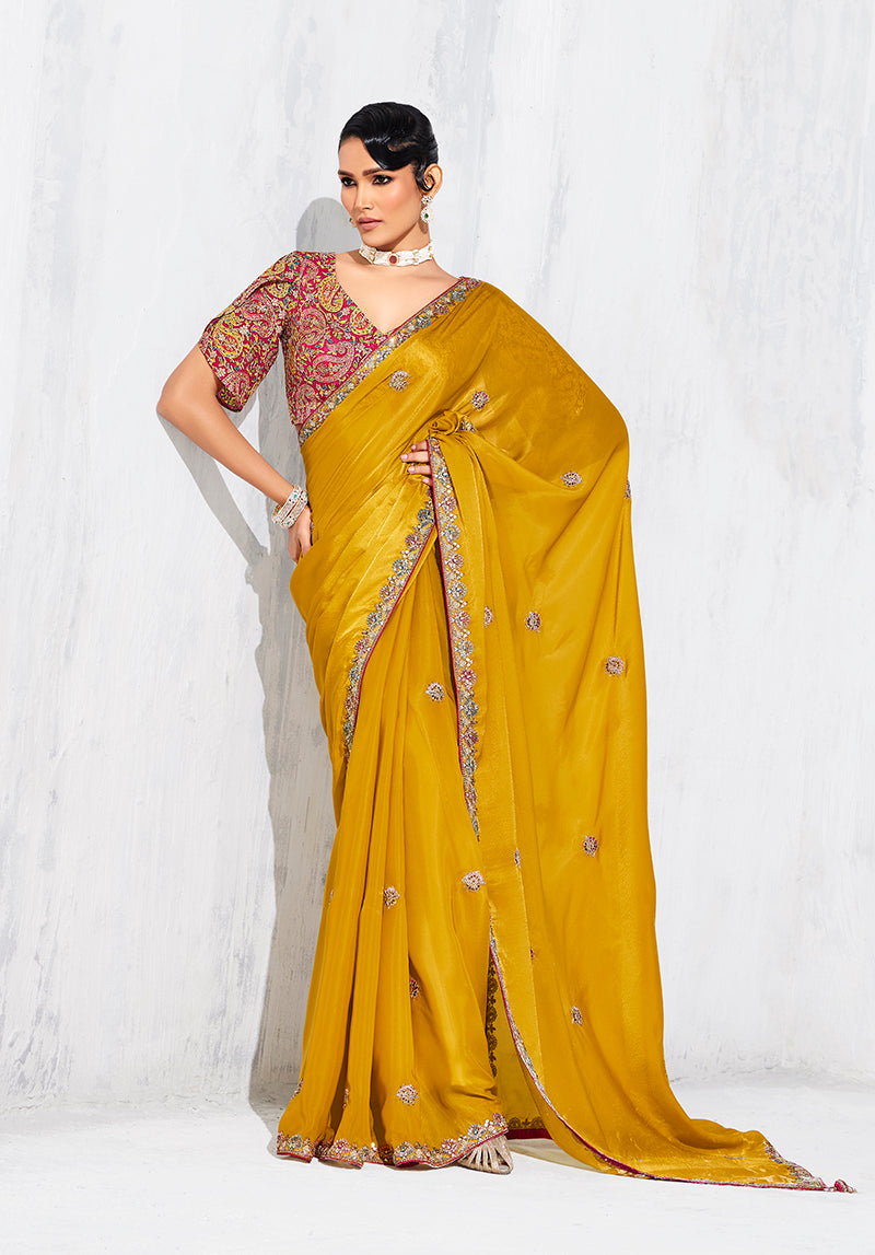 Monjolika Fashion Mustard Fancy Fabric Embroidered Contemporary Saree - Distacart