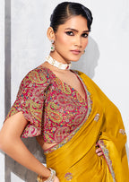 Monjolika Fashion Mustard Fancy Fabric Embroidered Contemporary Saree - Distacart