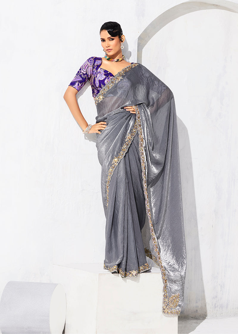 Monjolika Fashion Grey Fancy Fabric Embroidered Contemporary Saree - Distacart