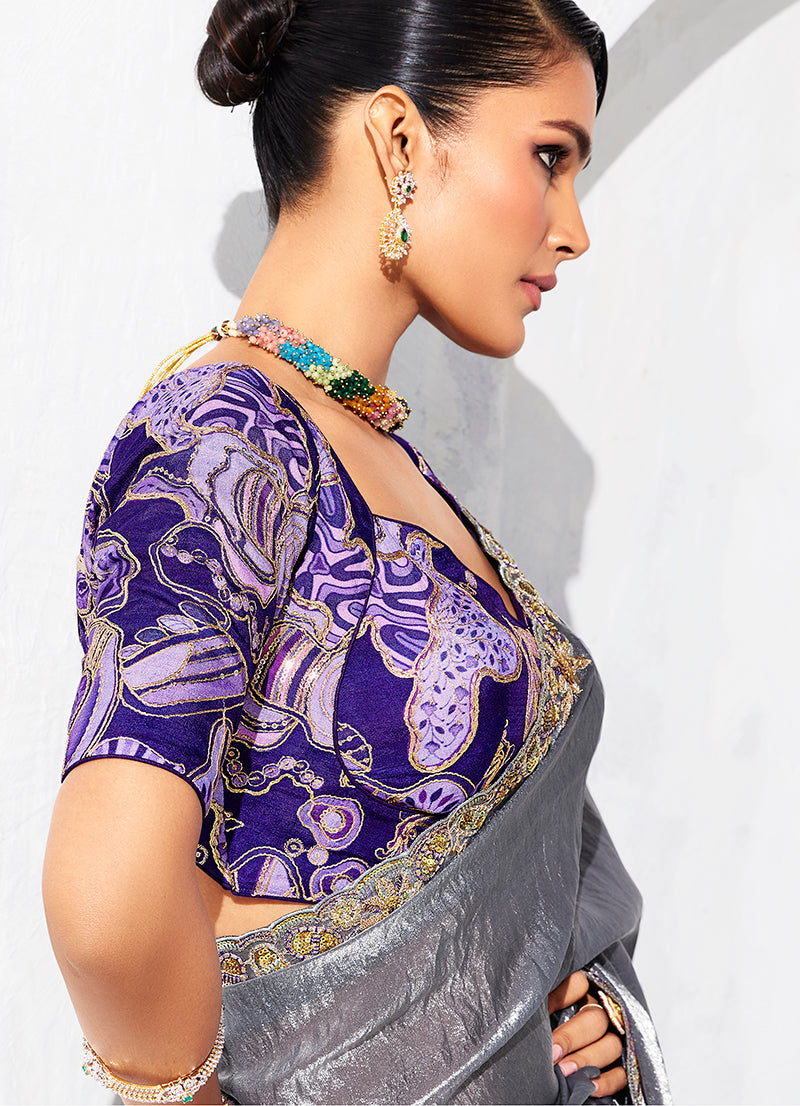 Monjolika Fashion Grey Fancy Fabric Embroidered Contemporary Saree - Distacart