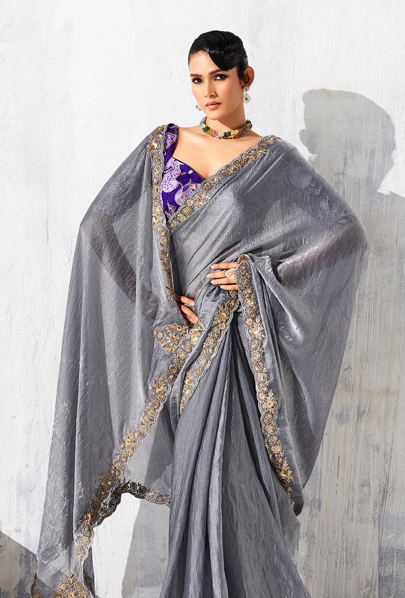 Monjolika Fashion Grey Fancy Fabric Embroidered Contemporary Saree - Distacart
