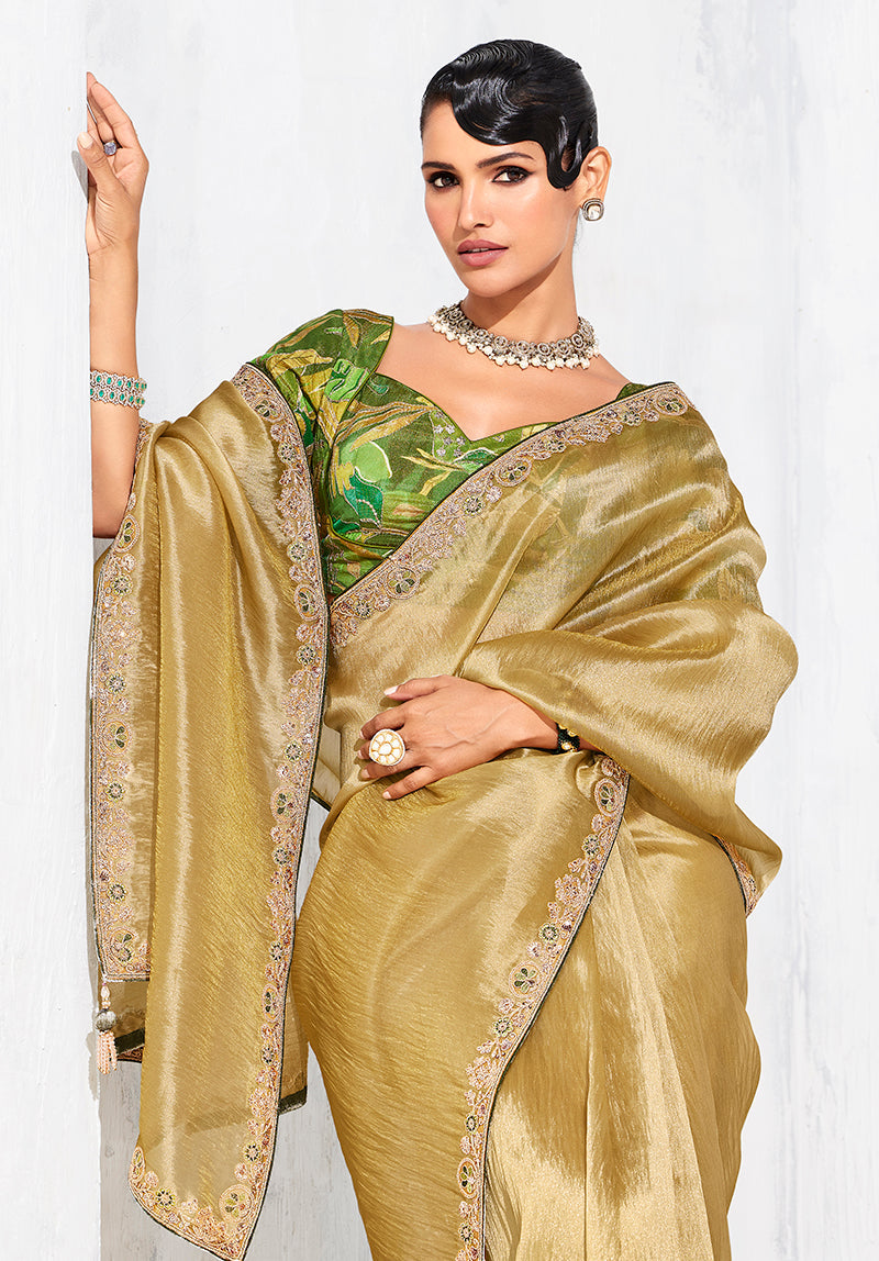 Monjolika Fashion Golden Fancy Fabric Embroidered Contemporary Saree - Distacart