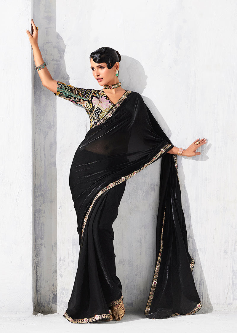Monjolika Fashion Black Fancy Fabric Embroidered Contemporary Saree - Distacart