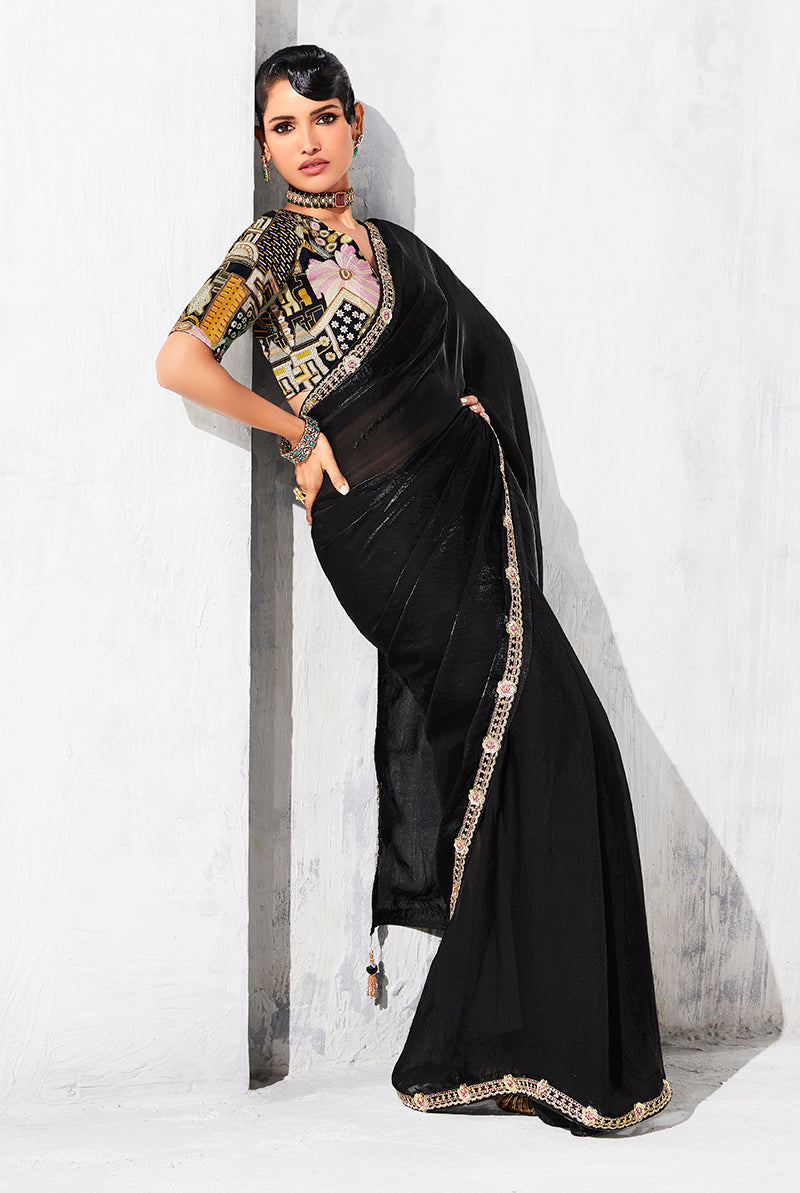 Monjolika Fashion Black Fancy Fabric Embroidered Contemporary Saree - Distacart
