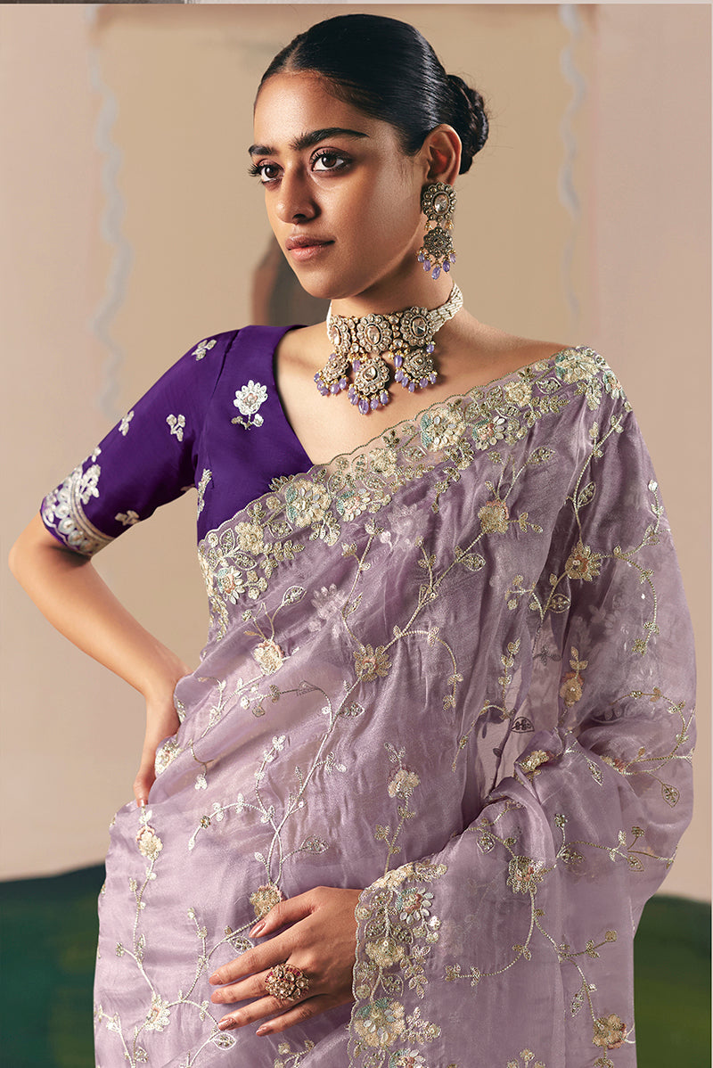 Monjolika Fashion Embroidered Lilac Fancy Fabric Party Designer Saree - Distacart