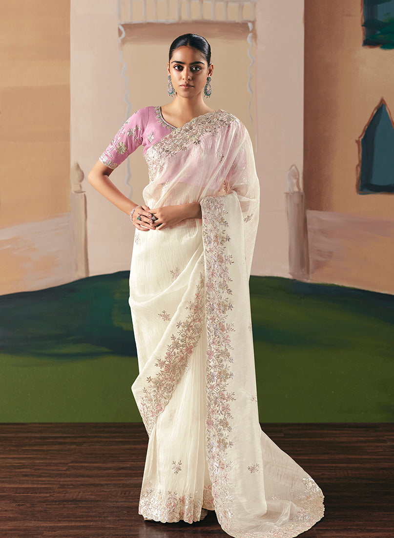 Monjolika Fashion Embroidered Off White Fancy Fabric Party Designer Saree - Distacart