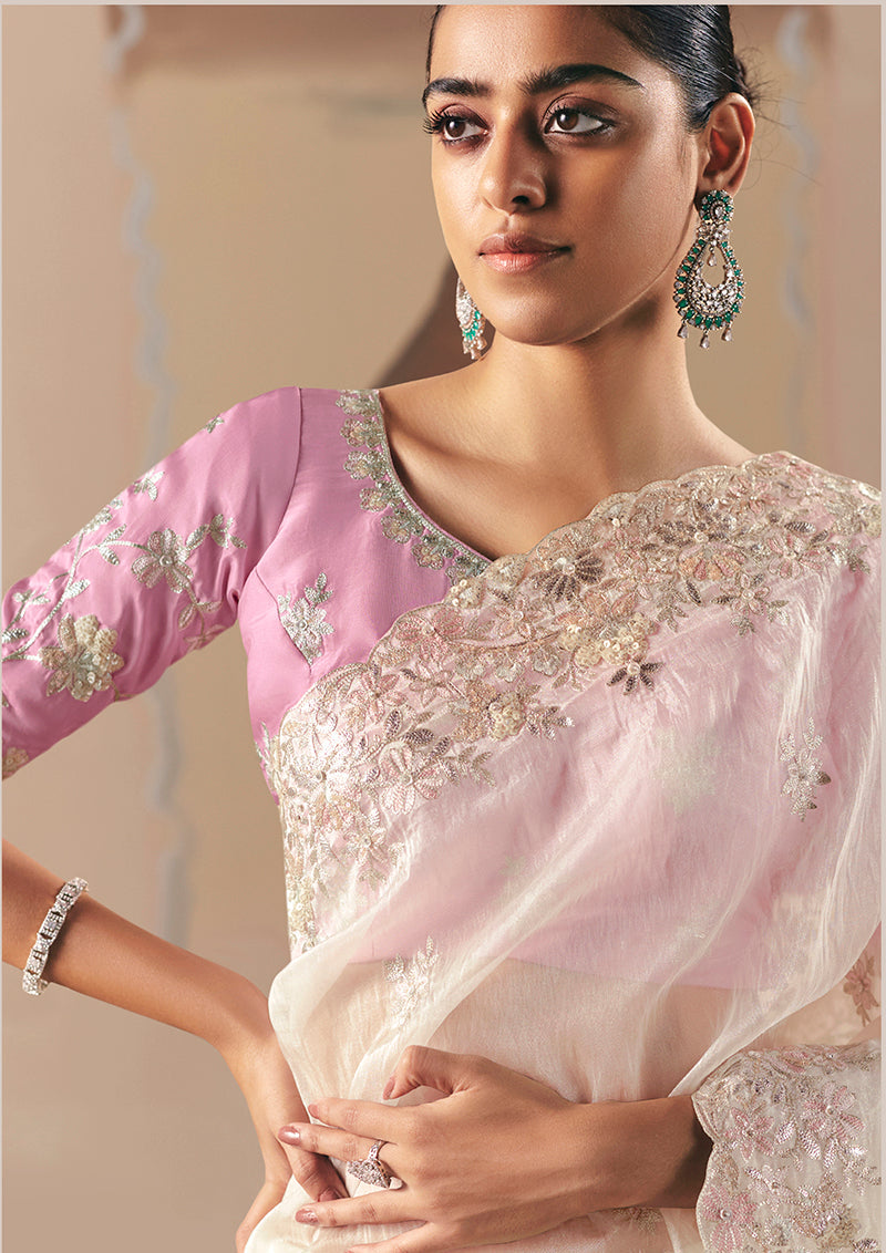 Monjolika Fashion Embroidered Off White Fancy Fabric Party Designer Saree - Distacart