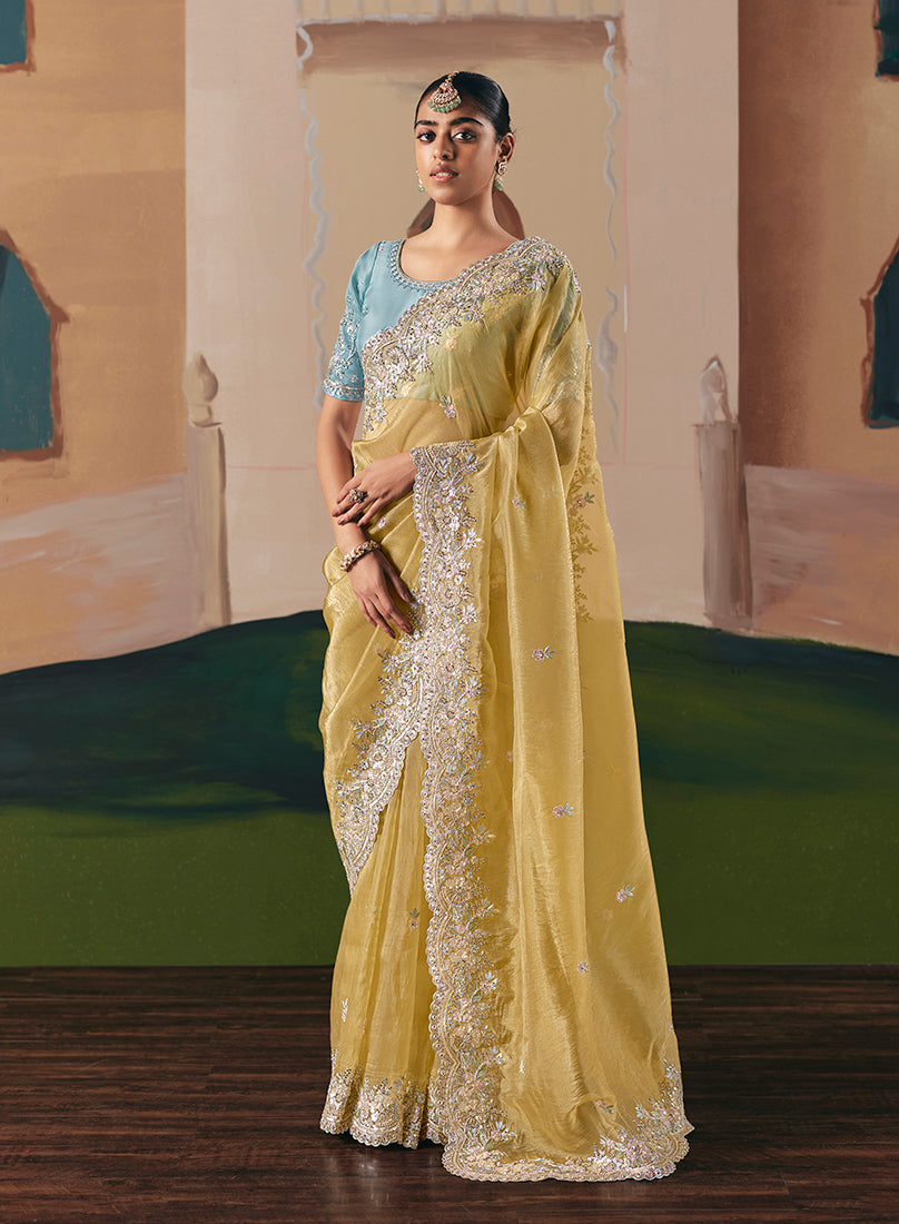 Monjolika Fashion Embroidered Pastel Yellow Fancy Fabric Party Designer Saree - Distacart