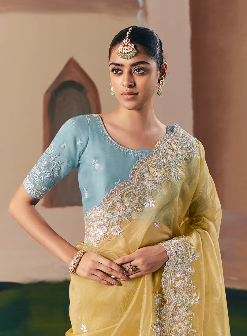 Monjolika Fashion Embroidered Pastel Yellow Fancy Fabric Party Designer Saree - Distacart