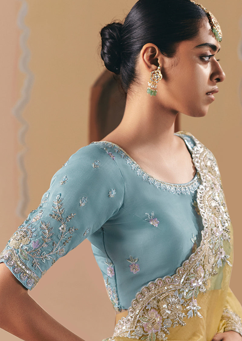 Monjolika Fashion Embroidered Pastel Yellow Fancy Fabric Party Designer Saree - Distacart