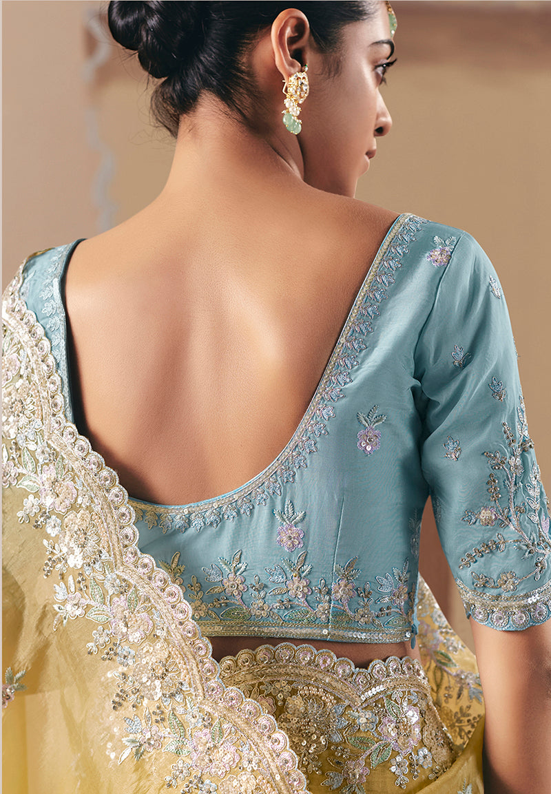 Monjolika Fashion Embroidered Pastel Yellow Fancy Fabric Party Designer Saree - Distacart