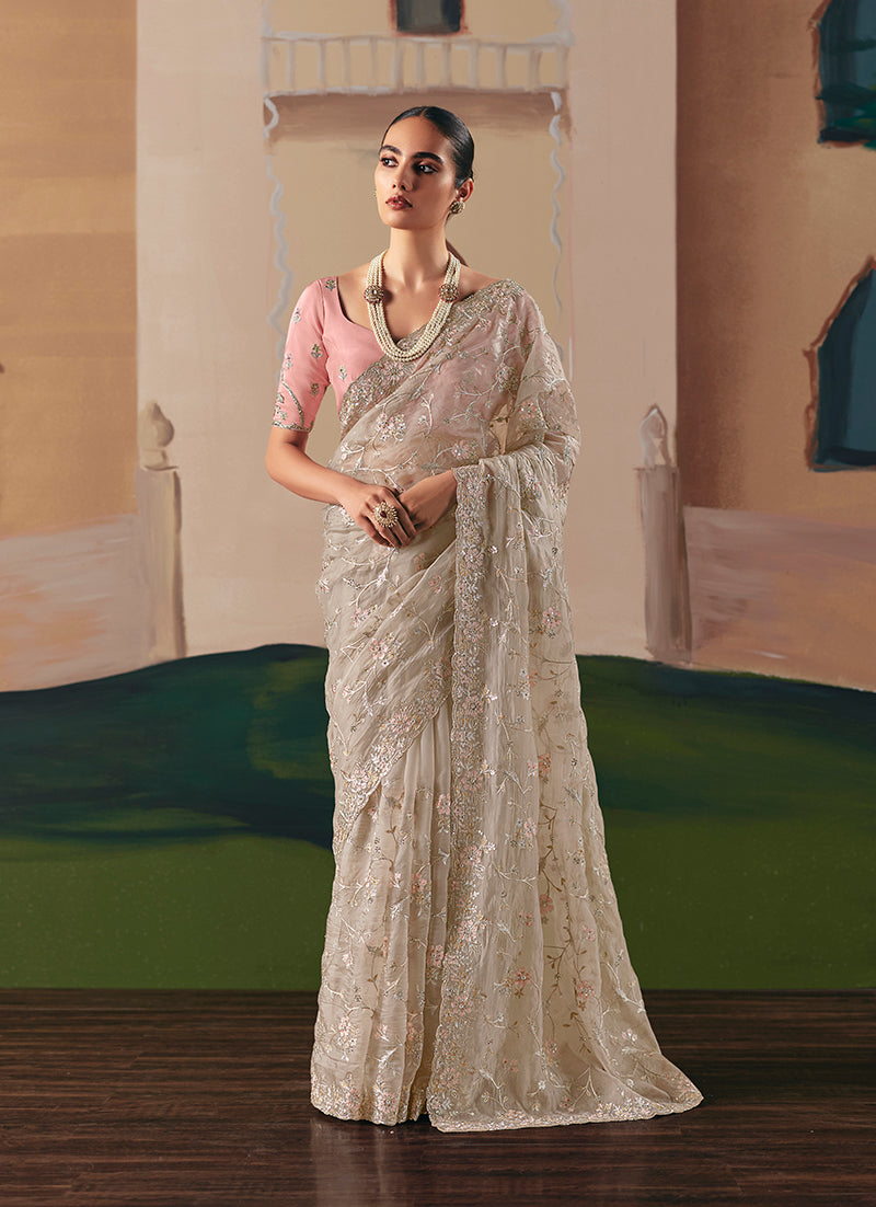 Monjolika Fashion Embroidered Cream Fancy Fabric Party Designer Saree - Distacart