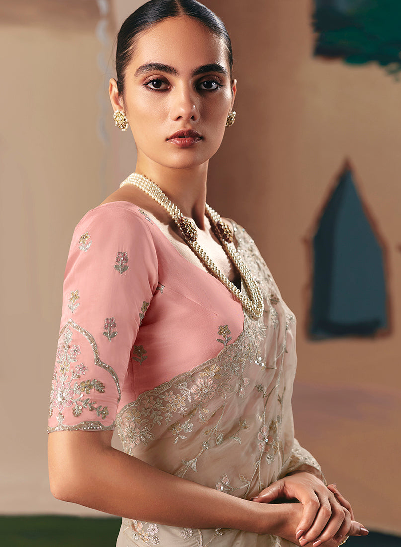 Monjolika Fashion Embroidered Cream Fancy Fabric Party Designer Saree - Distacart