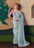 Monjolika Fashion Embroidered Sky Blue Fancy Fabric Party Designer Saree - Distacart