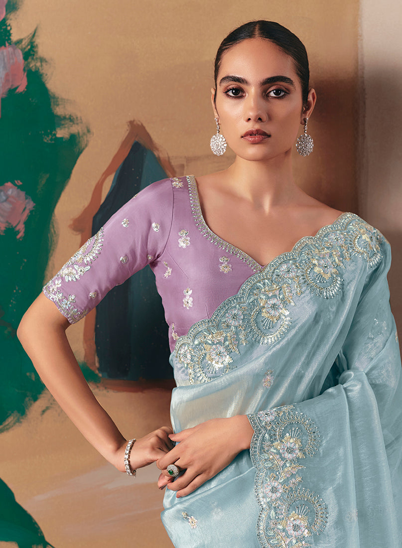 Monjolika Fashion Embroidered Sky Blue Fancy Fabric Party Designer Saree - Distacart