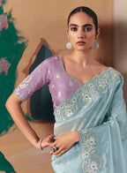 Monjolika Fashion Embroidered Sky Blue Fancy Fabric Party Designer Saree - Distacart