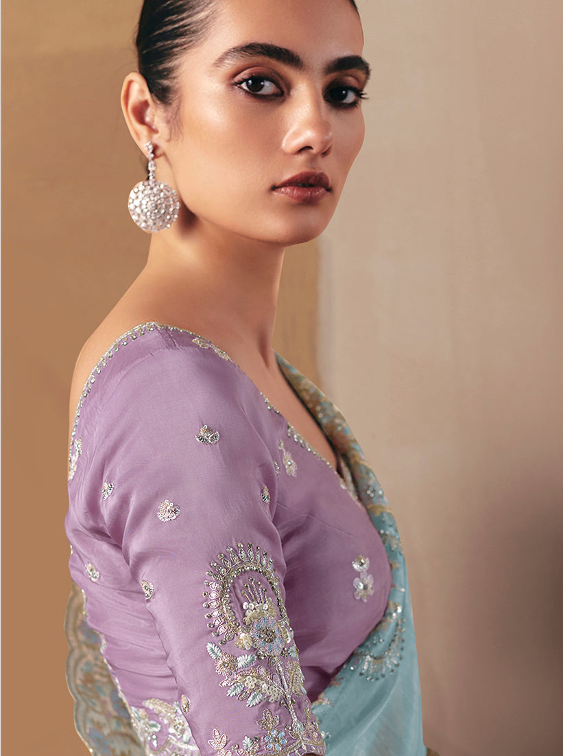 Monjolika Fashion Embroidered Sky Blue Fancy Fabric Party Designer Saree - Distacart