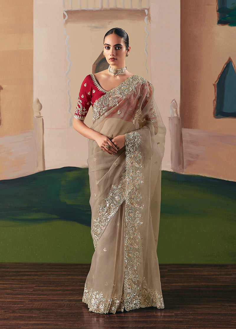 Monjolika Fashion Embroidered Beige Fancy Fabric Party Designer Saree - Distacart