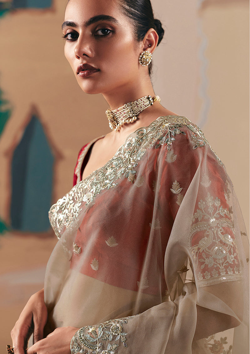 Monjolika Fashion Embroidered Beige Fancy Fabric Party Designer Saree - Distacart