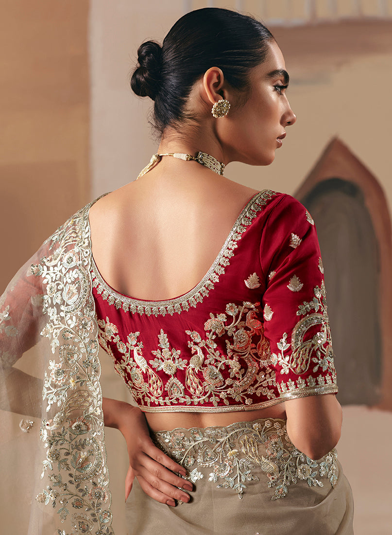 Monjolika Fashion Embroidered Beige Fancy Fabric Party Designer Saree - Distacart