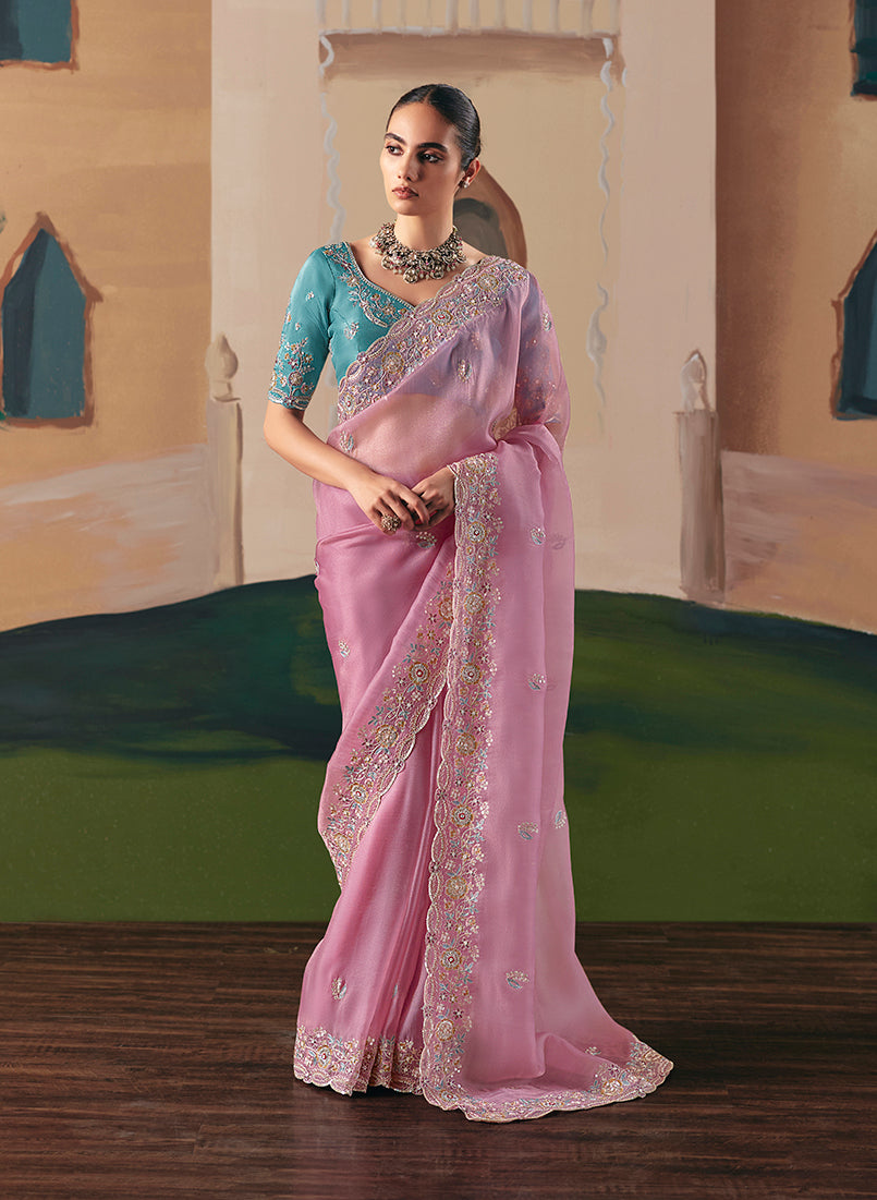 Monjolika Fashion Embroidered Pink Fancy Fabric Party Designer Saree - Distacart