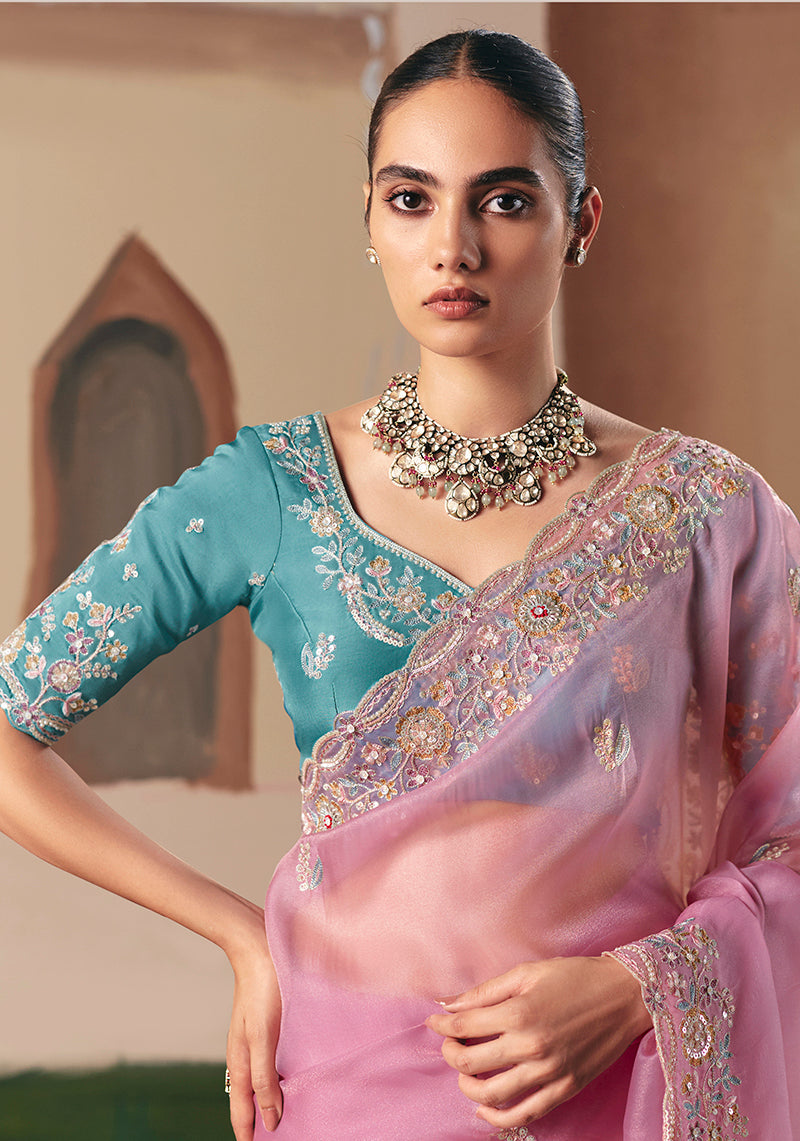 Monjolika Fashion Embroidered Pink Fancy Fabric Party Designer Saree - Distacart
