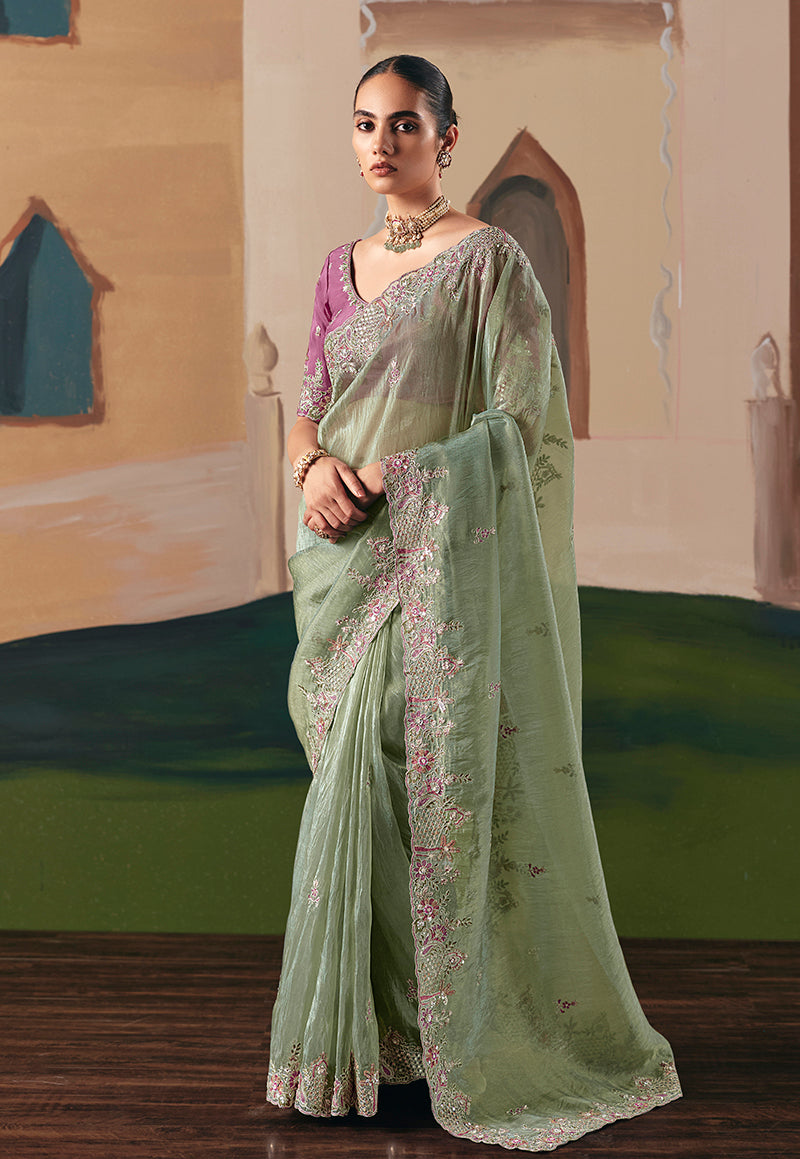 Monjolika Fashion Embroidered Pista Green Fancy Fabric Party Designer Saree - Distacart