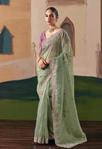 Monjolika Fashion Embroidered Pista Green Fancy Fabric Party Designer Saree - Distacart
