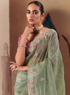 Monjolika Fashion Embroidered Pista Green Fancy Fabric Party Designer Saree - Distacart