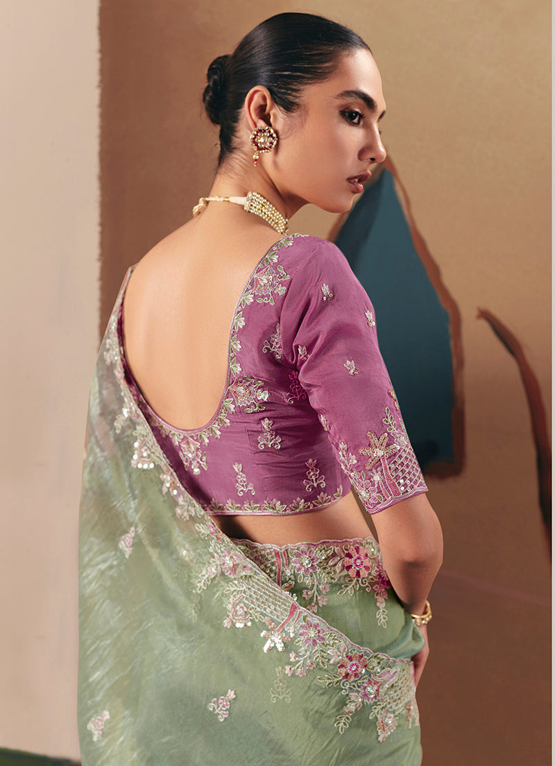 Monjolika Fashion Embroidered Pista Green Fancy Fabric Party Designer Saree - Distacart