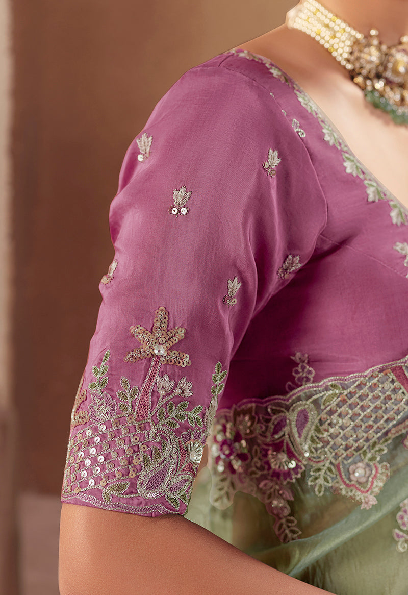 Monjolika Fashion Embroidered Pista Green Fancy Fabric Party Designer Saree - Distacart