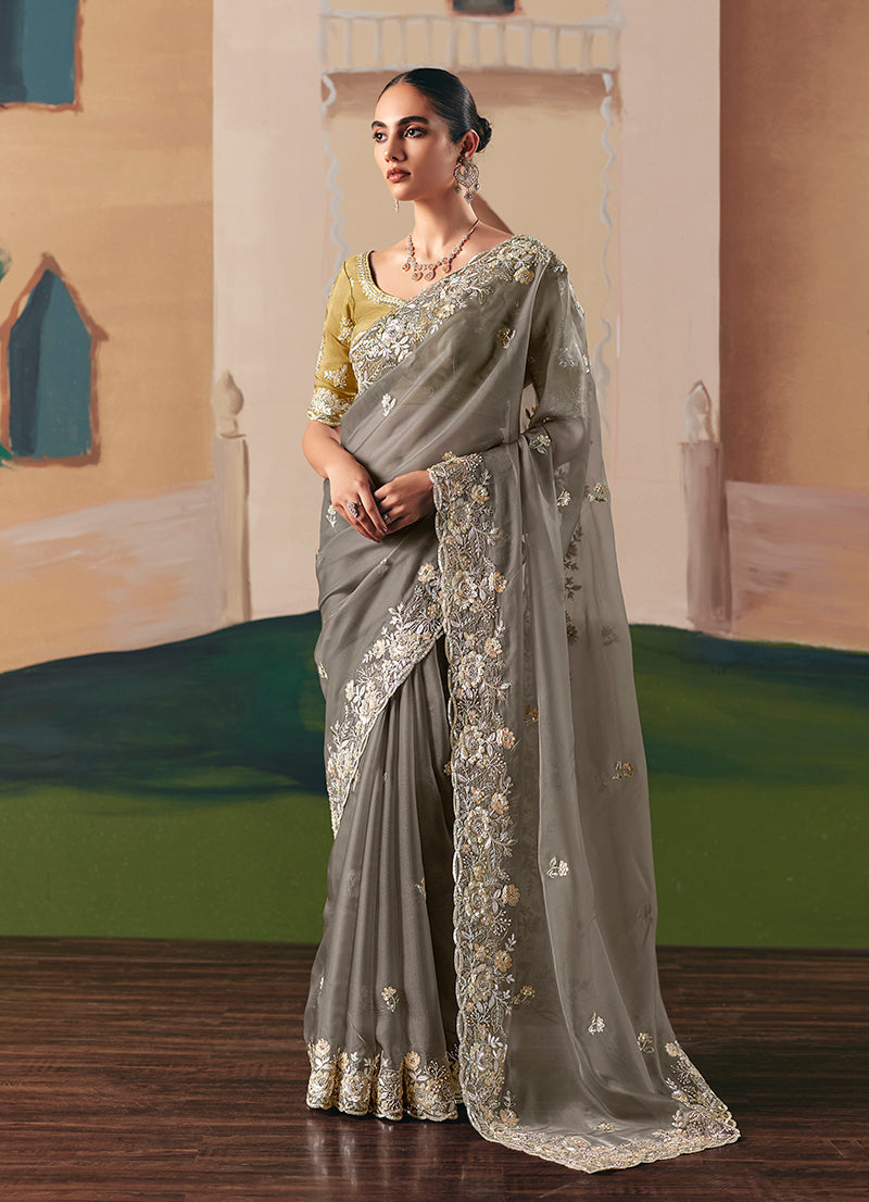 Monjolika Fashion Embroidered Grey Fancy Fabric Party Designer Saree - Distacart