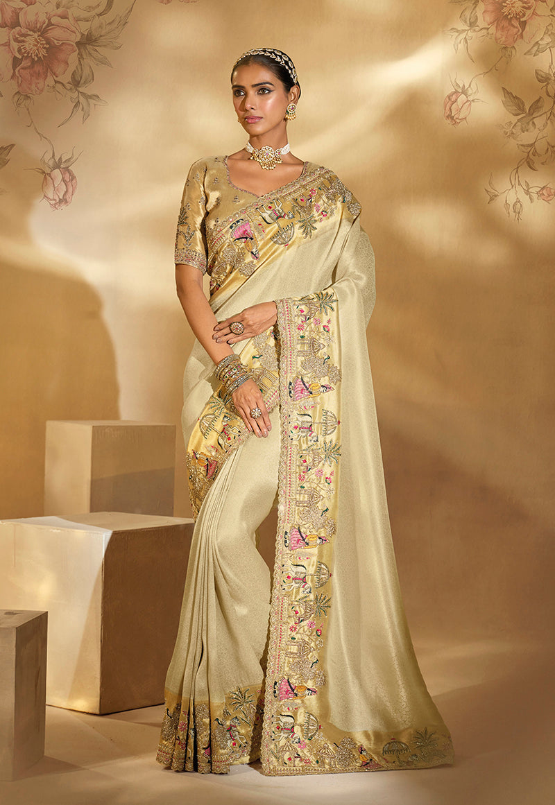 Monjolika Fashion Surpassing Cream Embroidery Cut Dana Moti Work Ziraf Silk Saree With Heavy Work Blouse Piece - Distacart