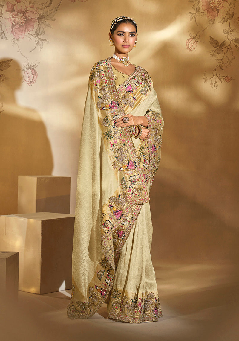 Monjolika Fashion Surpassing Cream Embroidery Cut Dana Moti Work Ziraf Silk Saree With Heavy Work Blouse Piece - Distacart