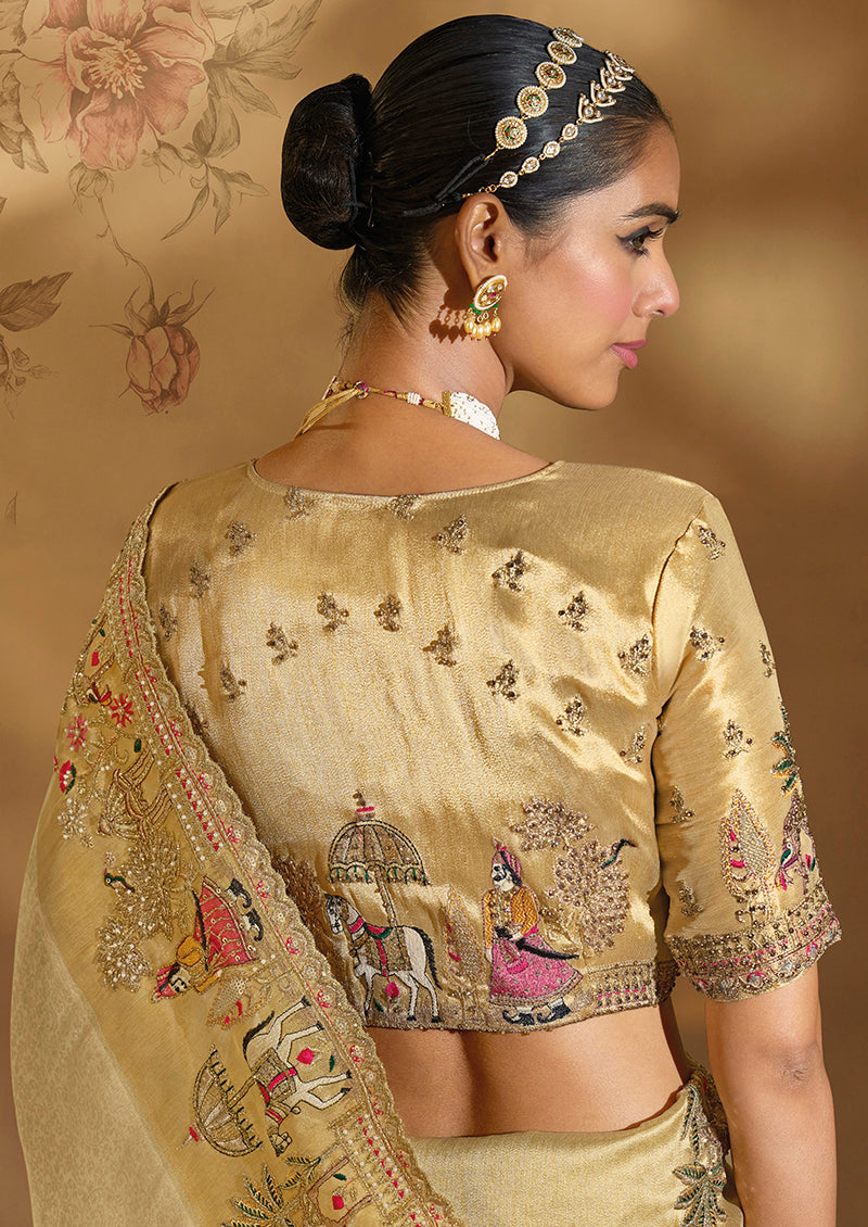 Monjolika Fashion Surpassing Cream Embroidery Cut Dana Moti Work Ziraf Silk Saree With Heavy Work Blouse Piece - Distacart